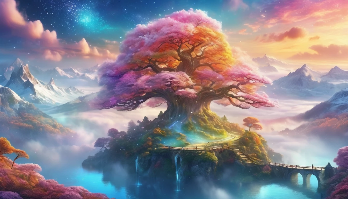 vibrant colors, Dreamy Cloud and Mist Fairy Island,winter landscape,Snow country shines brightly,like a dream,Surreal wonderland,Overlapping clouds and fog,Colorful snowflakes are flying,The tree of life blooms with endless vitality,Twinkling stars in the night sky,Whimsical fantasy landscape art, Beautiful Art Ultra HD 4K, 4k highly detailed digital art, beautiful detailed fantasy, epic dreamlike fantasy landscape, Mysterious fantasy landscape, The magic fantasy is very detailed, magical scenery, Made of trees and fantasy valley, detailed fantasy digital art, 4k detailed digital art