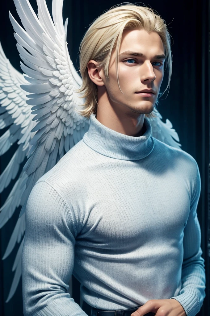  young man with blonde hair combed back. With dark and serious blue eyes, **he has multiple diagonal scars that go from one side of his face to the other as if they were scratches**. The expression on his face is serene and contemplative. He wears a blue turtleneck sweater with long sleeves that cover his hands. Large white wings extend from his back, like those of an angel.