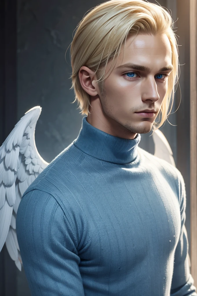  young man with blonde hair combed back. With dark and serious blue eyes, **he has multiple diagonal scars that go from one side of his face to the other as if they were scratches**. The expression on his face is serene and contemplative. He wears a blue turtleneck sweater with long sleeves that cover his hands. Large white wings extend from his back, like those of an angel.
