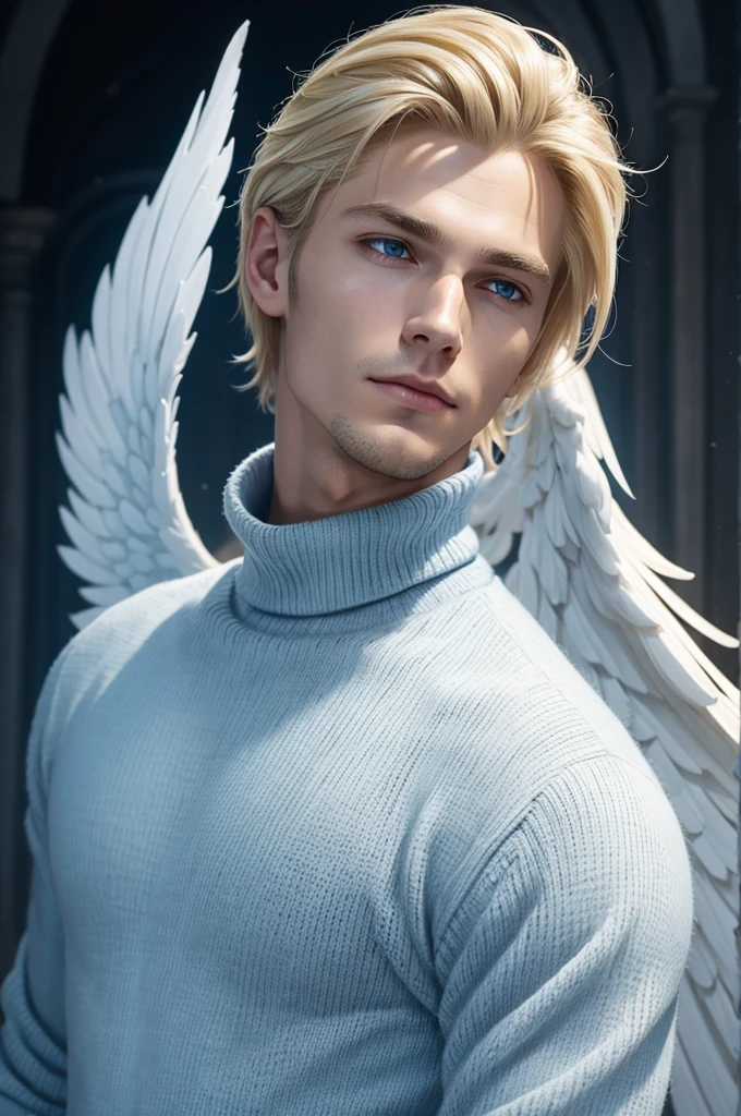 young man with blonde hair combed back. With dark and serious blue eyes, **he has multiple diagonal scars that go from one side of his face to the other as if they were scratches**. The expression on his face is serene and contemplative. He wears a blue turtleneck sweater with long sleeves that cover his hands. Large white wings extend from his back, like those of an angel.