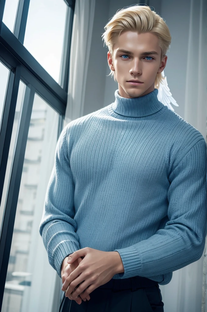  young man with blonde hair combed back. With dark and serious blue eyes, **he has multiple diagonal scars that go from one side of his face to the other as if they were scratches**. The expression on his face is serene and contemplative. He wears a blue turtleneck sweater with long sleeves that cover his hands. Large white wings extend from his back, like those of an angel.