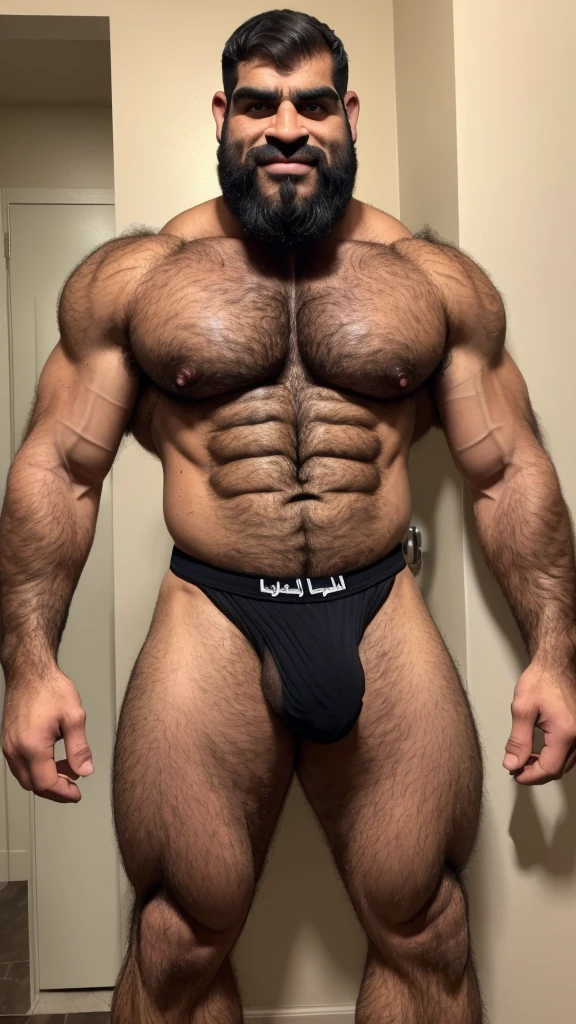 Extremely muscular, very hairy, rugged Arab daddy flexing his arms ((Sweaty)) ((Hairy)) ((Thick, full, curly black body hair all over)) ((Thick, excessive chest hair)) ((Curly, full pubic hair)) ((Thick, full happy trail of hair all over his abs)) ((Late 40s)) ((Extremely handsome)) ((Square jaw)) ((Sweating)) ((Smiling menacingly)) ((wearing black underwear)) ((Huge bulge in underwear)) ((vpl)) ((black briefs)) ((Excessive pubic hair)) ((Short, military haircut)) ((Buzz cut)) ((Homoerotic)) ((Extremely realistic)) ((Seductive glare)) ((Unibrow)) ((unibrow)) ((caveman brow bone)) ((moustache)) ((head to toe)) ((full body)) ((hairier)) ((more hair)) ((ape)) ((more body hair)) ((extreme body hair)) ((fur)) ((dad bod)) ((very tan)) ((tan)) ((middle eastern)) ((Arab))