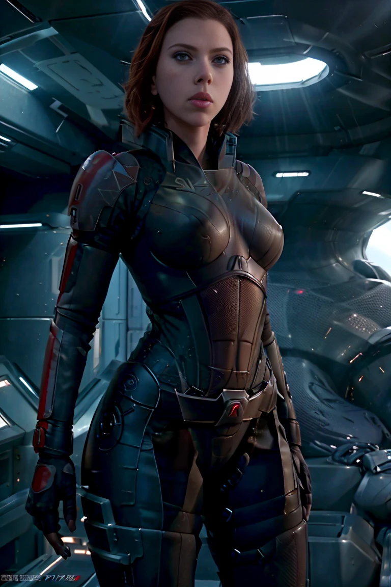 ((best quality)), ((masterpiece)), ((Scarlett Johansson)) (detailed), perfect face, playful 20 year old woman, Sensual pose. Inside a spaceship, wearing highly detailed futuristic skimpy mass effect armor, grandes senos, cintura pequeña, grandes caderas, desnuda.
