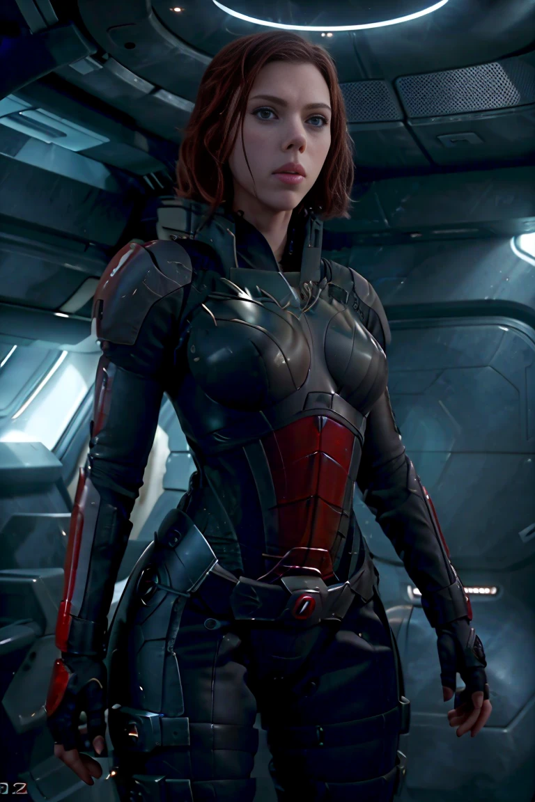 ((best quality)), ((masterpiece)), ((Scarlett Johansson)) (detailed), perfect face, playful 20 year old woman, Sensual pose. Inside a spaceship, wearing highly detailed futuristic skimpy mass effect armor, grandes senos, cintura pequeña, grandes caderas, desnuda.