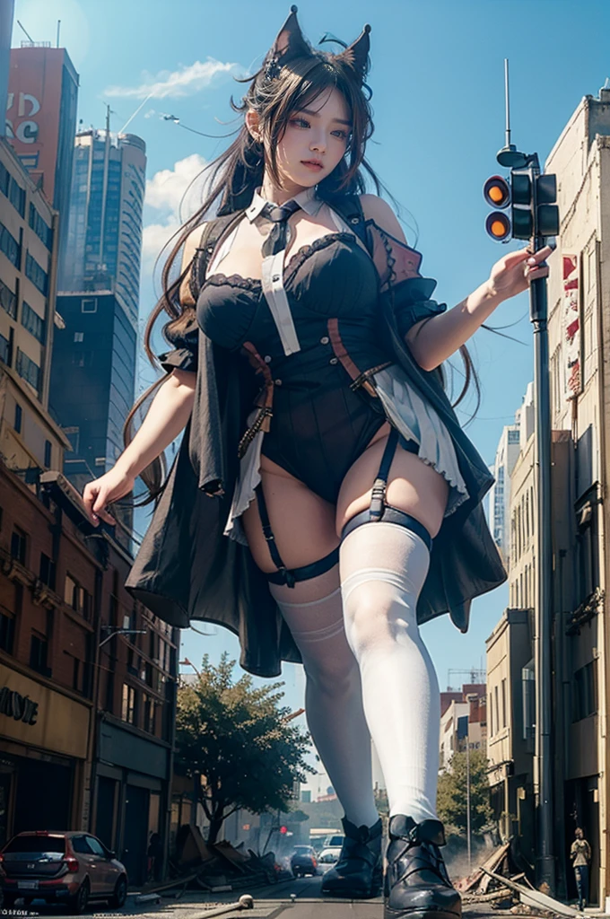 looking at the camera、steampunk、Standing on top of a ruined building、Big building explosion、The building collapses、Urban hustle and bustle、Traffic jam、City of Rubble、street tree、Car and bus、truck、taxi、City boulevard、Pedestrian bridge、Streetcar route((((Azur Lane Cheshire Cosplay))))、Frilled maid outfit、（(Super huge breasts)）、（(Plump thighs)）、Ground View，City of Giants,500 foot tall giant girl，skyscraper,Has super long legs,Step into the crowd，There are many people on the street,Knee-high socks，A happy look，Standing on the ruins，Beautiful appearance，Exquisite makeup，quality，8K，高quality，Perfect Proportions, Cinema Lighting，Film Grain，The Colors of Fuji，8K，Textured skin，Super Detail，High detail，high quality，High resolution，explode，False Smile、Reaching out