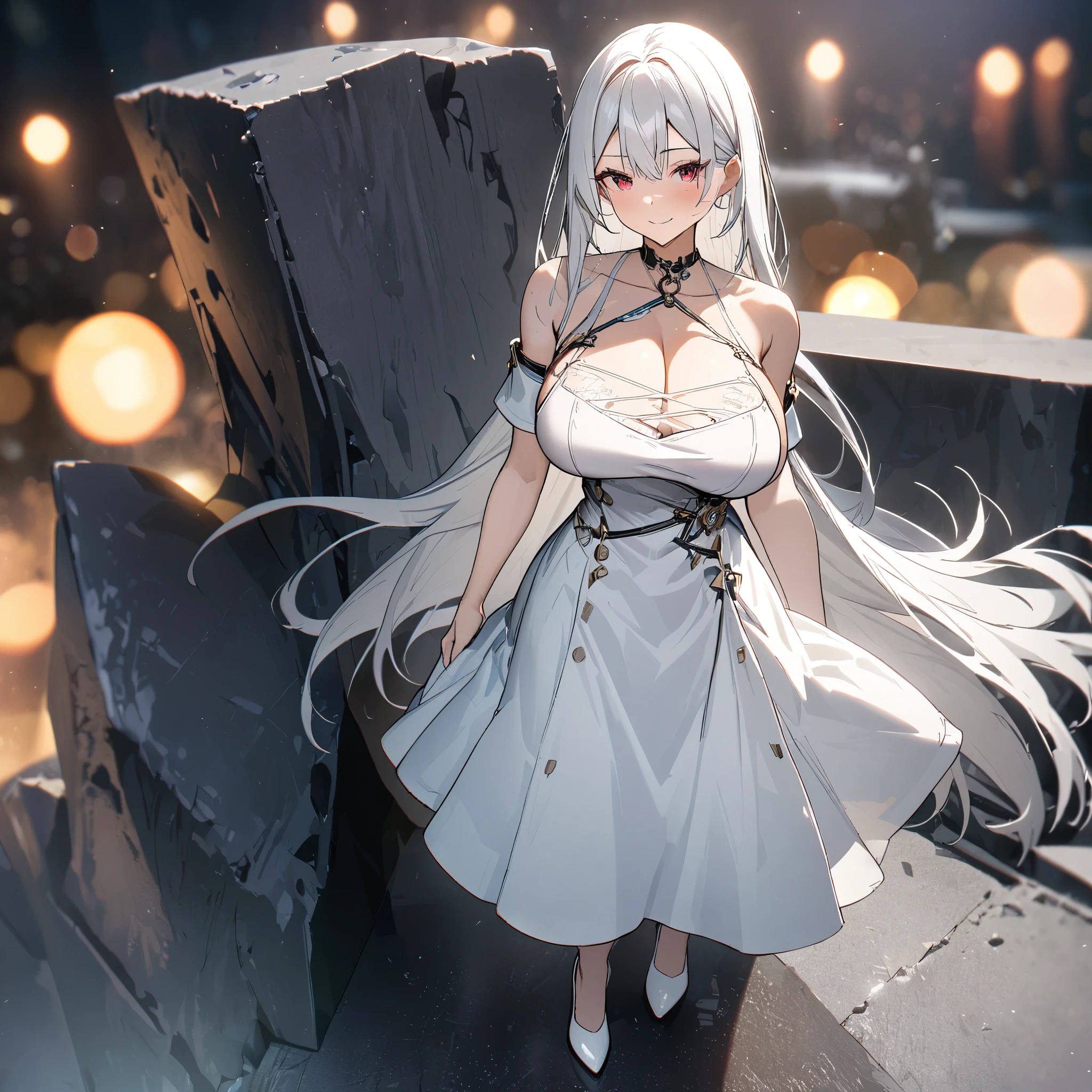 A woman wearing a white dress, exposed shoulders, big breasts, red eyes, white hair, smiling, white heels, standing on a concrete platform,(solo woman) ,UHD , prime work , accurate , anatomically correct , textured skin , super details , high quality , best quality, 8k, high resolution, bokeh effect.
