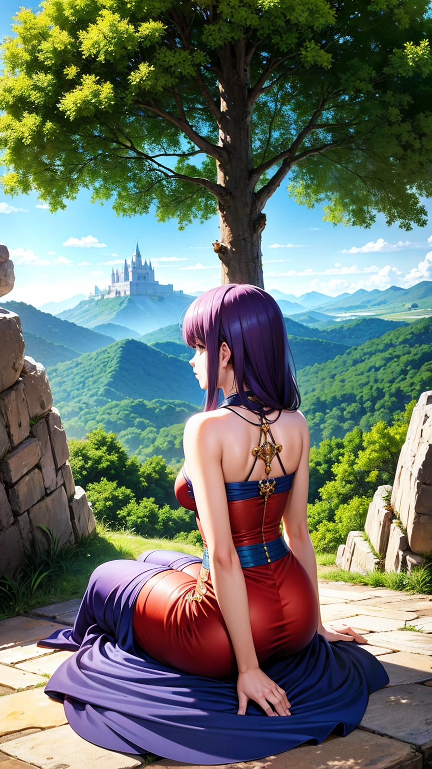 anime-style illustration, The image shows a young woman sitting watching overlooks the vast expanse of clear blue sky and underneath a large valley mountain, flower colorful color blue red green purple yellow, fantasy world medieval, rocks, tree branches, fallen leaves, birds, The scene is depicted in a highly saturated and vibrant style, intense and rich COLORS VIVID, strong exaggerated colors, , dramatic lighting, epic, majestic, awe-inspiring, mystical, ethereal, The sky above is clear blue sky, The atmosphere is full of magical color films, High Detail.