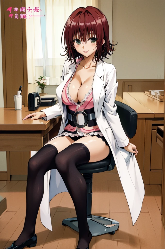 masterpiece, best quality, highres, aaryouko, short hair, cleavage, pink shirt, labcoat, belt, miniskirt, black skirt, black thighhighs, indoors, sitting, chair, smile, closed mouth,,lace panties,huge breasts,open legs