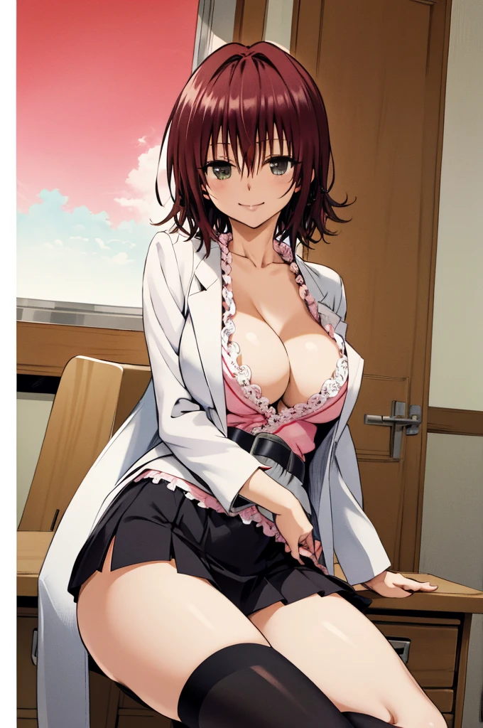 masterpiece, best quality, highres, aaryouko, short hair, cleavage, pink shirt, labcoat, belt, miniskirt, black skirt, black thighhighs, indoors, sitting, chair, smile, closed mouth,,lace panties,huge breasts,open legs