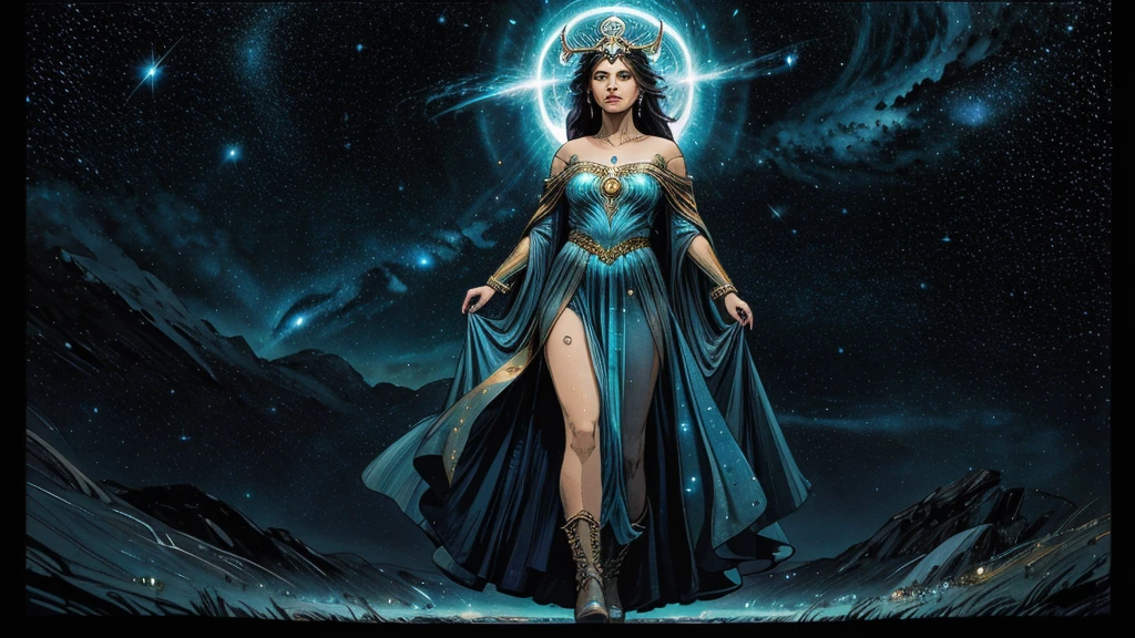mulher arafida usando uma coroa de ouro e vestido azul, arte digital by maxrezende, trends in cg society, arte digital, uma linda imperatriz de fantasia, ((uma linda imperatriz de fantasia)), Rainha e governante do universo, beauty pageant rendering, Cosmic royalty, retrato da rainha da luz, goddess of space and time, queen of the galaxy