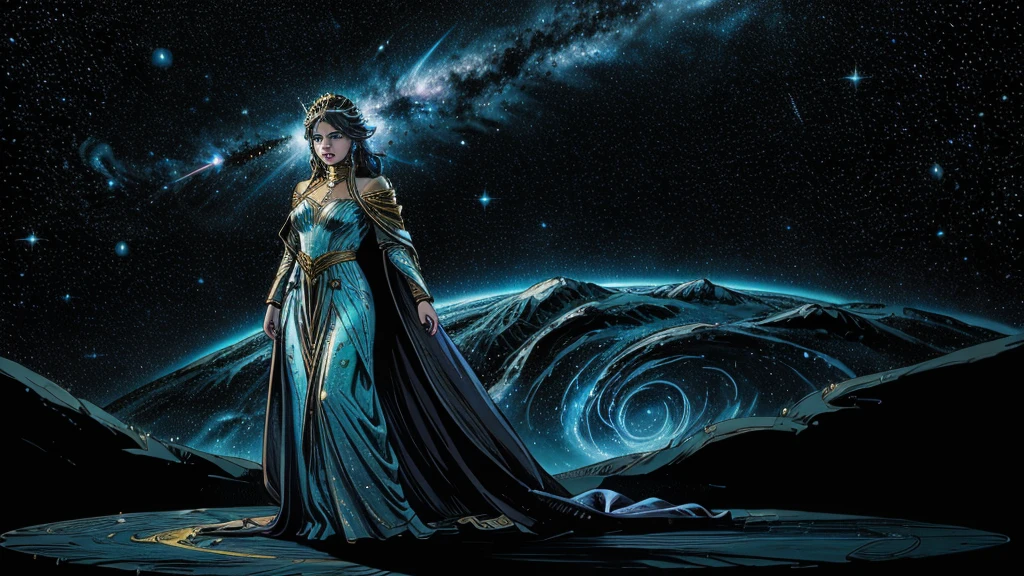 In a realm where galaxies collide and celestial clouds swirl, the ethereal enchantress Grace holds dominion. Her divine visage, framed by a halo of shimmering starlight tresses, radiates with the brilliance of a thousand cosmic furnaces. Grace's hair, woven from the very dust of shattered nebulae, flows weightlessly around her.
Eyes that gleam like the hearts of ancient stars gaze out at the universe, reflecting both wisdom and power. The enchantress is adorned in a majestic, floor-length gown crafted from the shimmering auroras of newly birthed worlds. The dress, with its high neckline and long sleeves, envelops her form completely, its fabric rippling like the whorls of distant galaxies.
A celestial cloak, embroidered with constellations, drapes over her shoulders and cascades down her back. As she moves, the cloak shimmers and shifts, mirroring the dance of solar flares. Her feet are clad in boots that seem forged from stardust and meteorite.
Fully clothed in her regal attire, Grace stands as the epitome of cosmic elegance. With each graceful movement, stardust swirls in her wake, crowning her as the sovereign of the celestial spheres. Her presence commands reverence, embodying the awe-inspiring beauty and mystery of the universe itself. Close up portrait view.