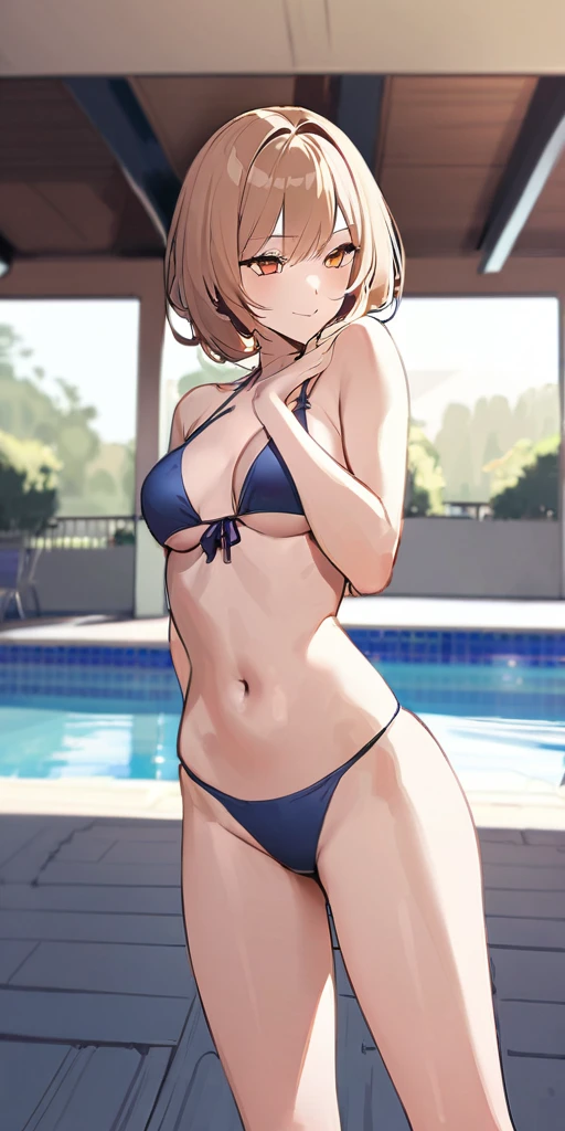 ((Hands beside the body)),((Highest quality、masterpiece:1.3))、Long legs、Sharp focus:1.2, Beautiful woman with perfect figure:1.4、(Smiling:1.2), double eyelid、30-year-old female、Sexy pose、((((One Woman、bikini)))),(((((one women,pool side:1.5)))))、((standing, cowboy shot:1.5))、
