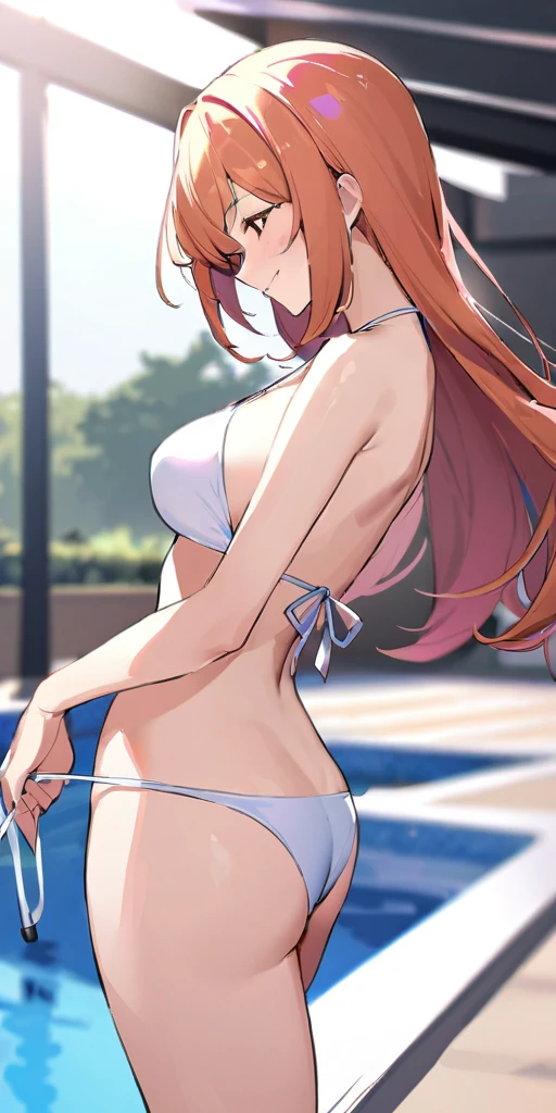 ((Hands beside the body)),((Highest quality、masterpiece:1.3))、Long legs、Sharp focus:1.2, Beautiful woman with perfect figure:1.4、(Smiling:1.2), double eyelid、30-year-old female、Sexy pose、((((One Woman、bikini)))),(((((one women,pool side:1.5)))))、((standing, cowboy shot:1.5))、
