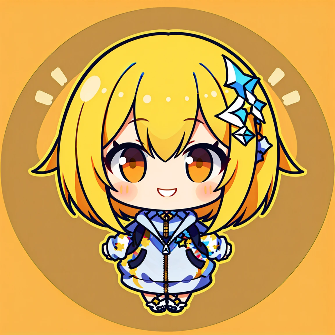 masterpiece, beautiful detailed, 1girl, Cartoon bones, chibi:1, Chibi, (Wearing zipper hoodie: 1.3), yellow Eyes, yellow hair, bob cut, medium breasts, hair ornament, hair intakes, ((smile)), Colorless solid background