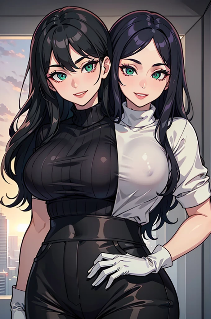 best quality, (masterpiece),(ultra-detailed), (high quality), (high resolution), ((2heads:1.5)), best quality:1.5, highres, UHD, 16K), two headed woman, smiling, highres, masterpiece, ((black hair)), emerald jewelry, violet turtleneck shirt, track pants, long dark gloves, seductive silhouette, sharp looking eyes, ((queen))