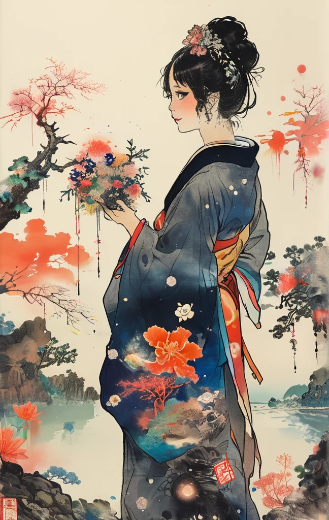Microphotography, Anime girl made of glass in kimono silhouette, vibrant rainbow river, fireworks in night sky, colorful coral reefs, detailed illustration, Ukiyo-e style、colorful super photorealistic in life-size figures with oil painting sketch, Microphotography of diorama, Anime girl in kimono, black silky hair and black large Charming eyes, vibrant rainbow river, fireworks in night sky, coral reefs, detailed illustration, Ukiyo-e style, ultra-detailed portraits, covering moonlit, intricate depth of field, sharp focus, volumetric fog -