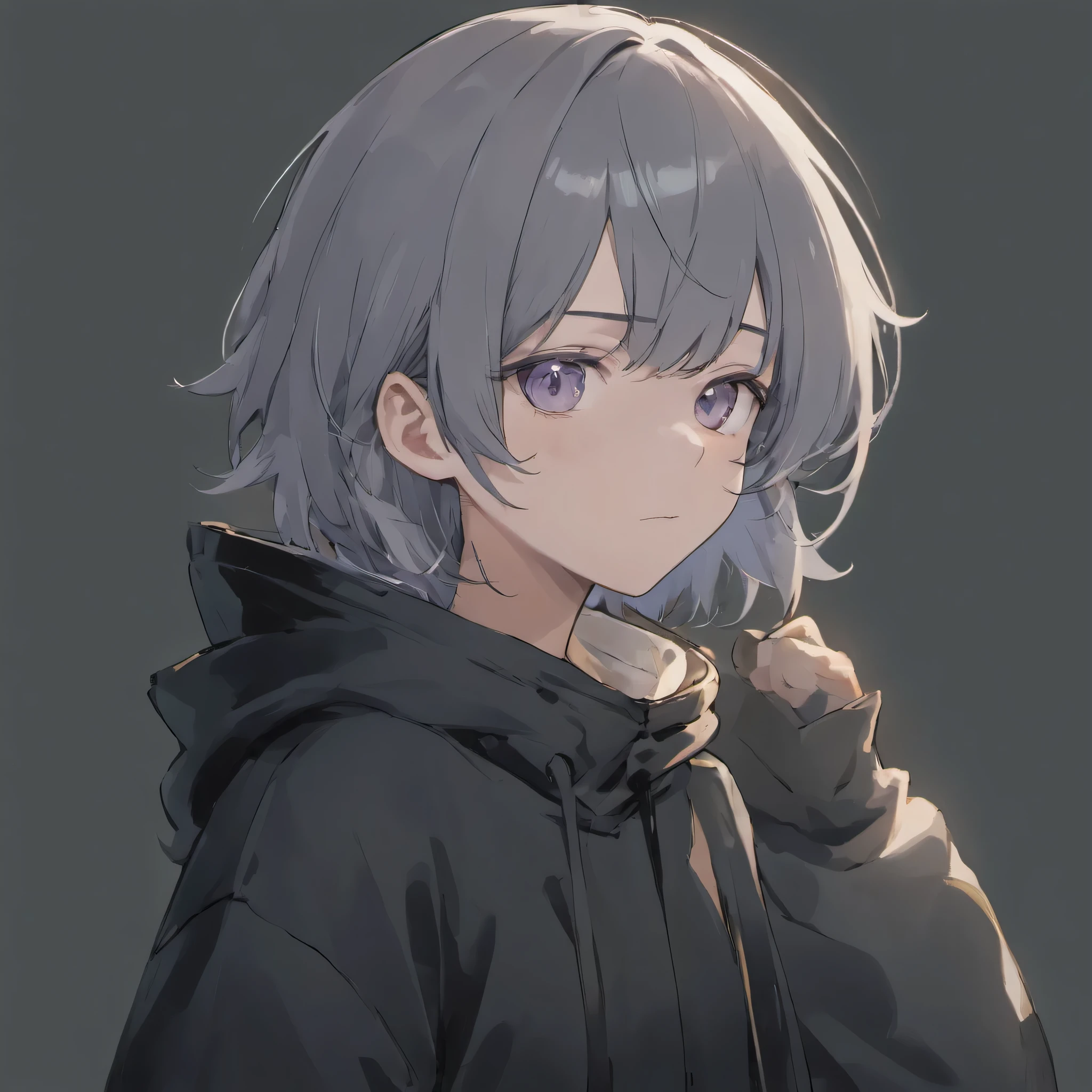 Gray Hair、1 young man、20-year-old、Mash Hair、Black eyes、Black hoodie、Wearing a black hood、Wearing a black mask