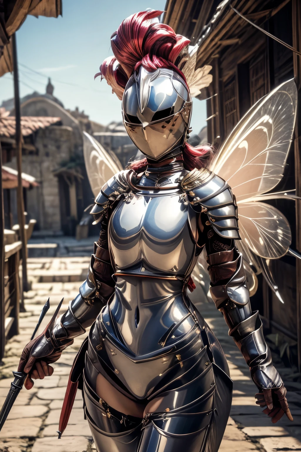 masterpiece, best quality, kardiaofrhodes, helmet, plume, gauntlets, butterfly_wings, thighhighs, bottomless, breastplate, nude, navel,  wide hips, (holding weapon)