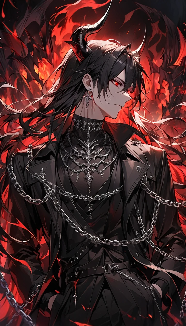 alone, good looking, 1 male, Long hair, Middle parted, Black hair, Red eyes, Black shirt, White Thailand, Black Trench Coat, Royal Silver Jewellery, Royal Demon Earrings, Black horns, Demon Crown, Demonic Katana, Chain, On Back, Demonic Black flames Aura, Side profile, fallen angel