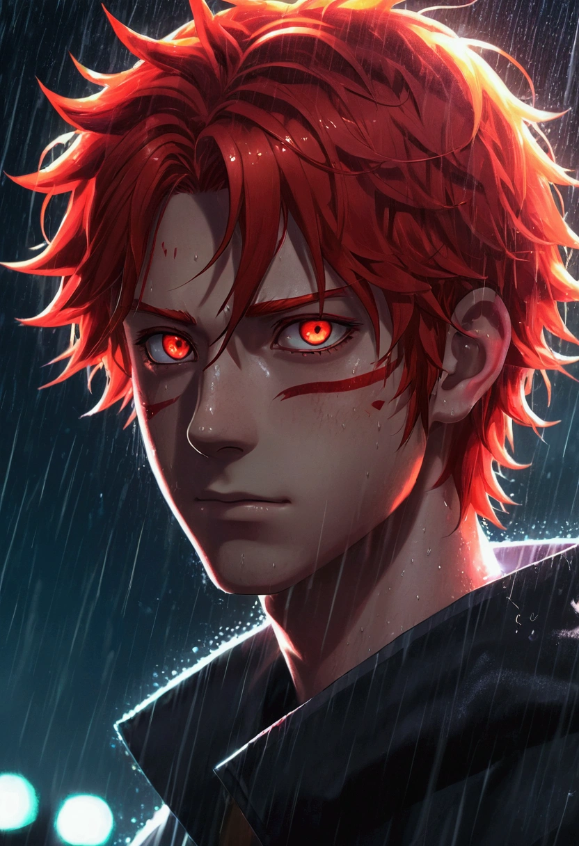 anime boy with glowing eyes and red hair in the rain, his eyes are red and glowing, his eyes glowing red, with red glowing eyes, with glowing red eyes, [[[[grinning evily]]]], anime wallaper, handsome guy in demon slayer art, fully red eyes no pupils, joker looks like naruto, epic anime style
