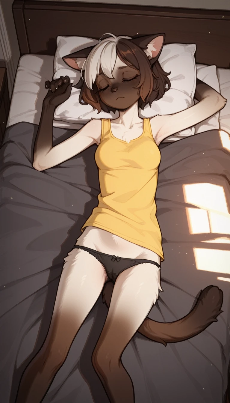 tired expression, 1girl, anthro, furry, fur, fluffy fur, siamese cat, cat girl, white hair (brown highlights), closed eyes, short hair, full body, (19 years), medium breast, thighs, solo, (bedroom), night, lunar light, detailed, yellow shirt (sleeveless shirt), black panties, depressed, sad, sunset, ((baggy eyes)), (laying on her bed), (sleeping), score_9, score_8_up, score_7_up, score_6_up, score_5_up, score_4_up