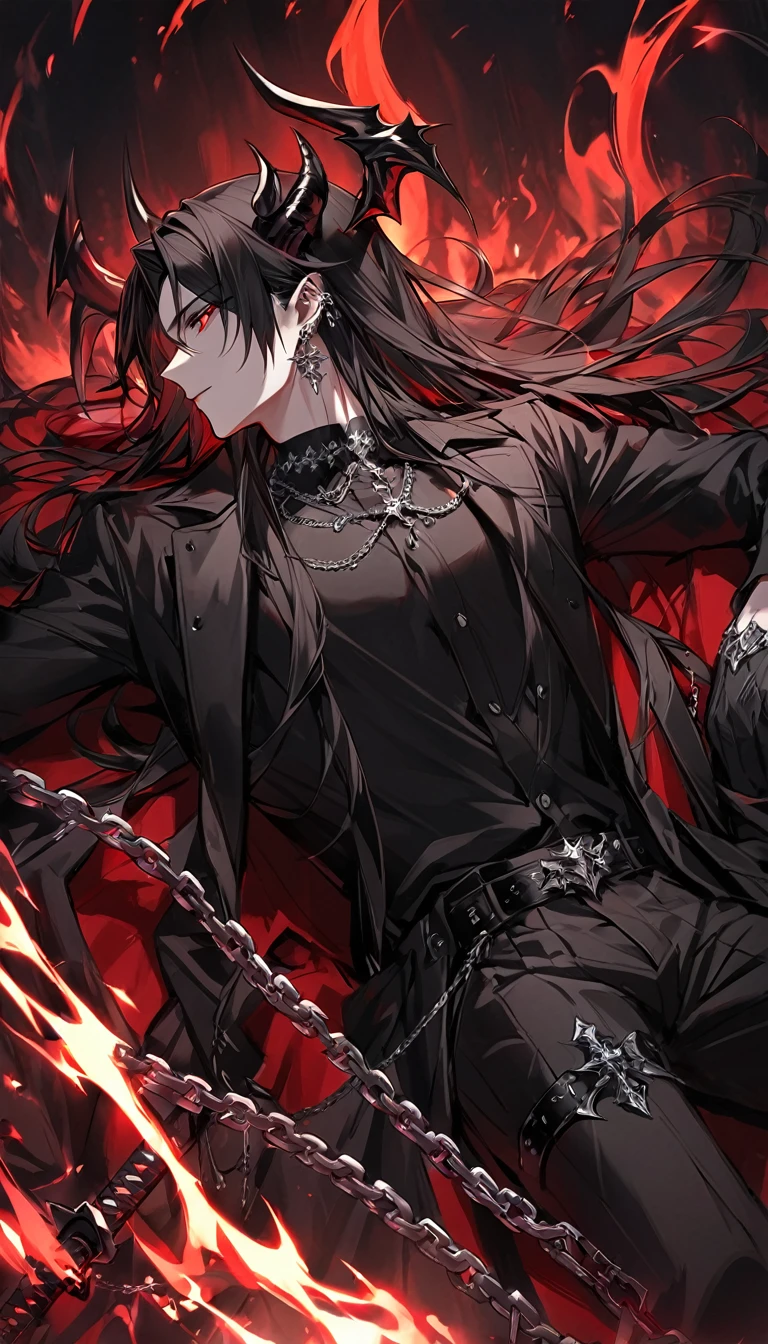 alone, good looking, 1 male, Long hair, Middle parted, Black hair, Red eyes, Black shirt, White Thailand, Black Trench Coat, Royal Silver Jewellery, Royal Demon Earrings, Black horns, Demon Crown, Demonic Katana, Chain, On Back, Demonic Black flames Aura, Side profile, fallen angel