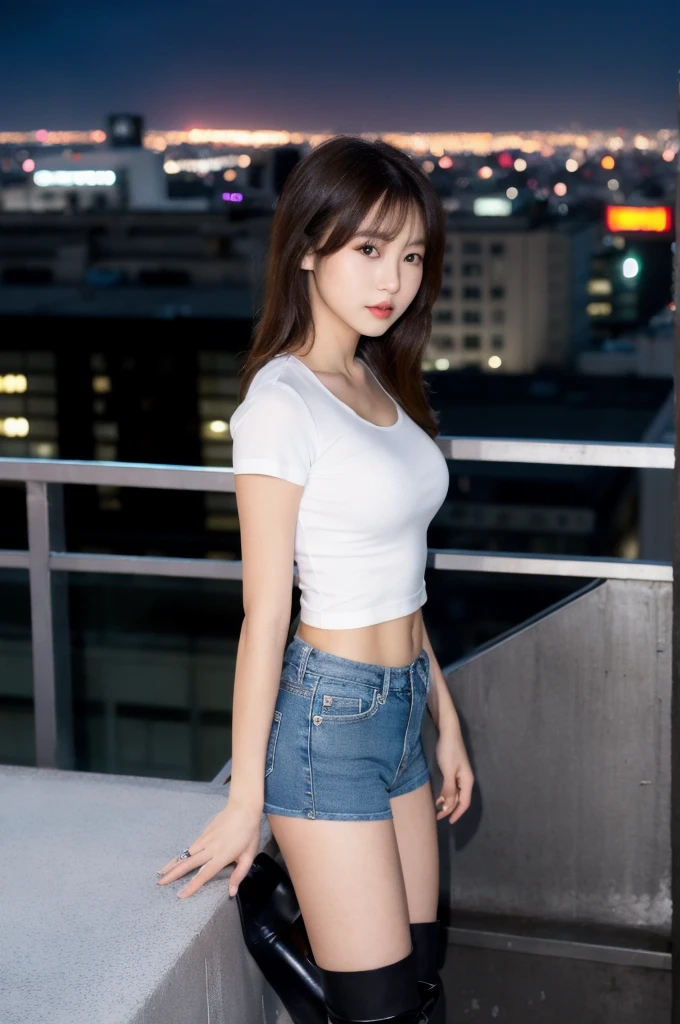 ((Midnight, highest quality, 8k, masterpiece :1.3)), whole body, Long legs, Sharp focus :1.2, Beautiful woman with perfect figure :1.4, Slim Abs :1.1, ((Dark brown hair, small Breasts :1.2)), (White tight T-shirt, shorts Jeans, Are standing:1.2), ((Night city view, rooftop:1.3)), Highly detailed face and skin texture, Fine grain, Double eyelids one girl,highest quality,masterpiece,figure,Very delicate and beautiful,CG,Unity,8k wallpaper,wonderful,In detail,masterpiece,Official Art,Very detailed CG Unity 8k wallpaper,Incredibly absurd,Large file size,Very detailedな,High resolution,Very detailed,Beautiful detailed girl,Realistic,from the front,Outdoor, Knee-high socks, bangs, Black boots