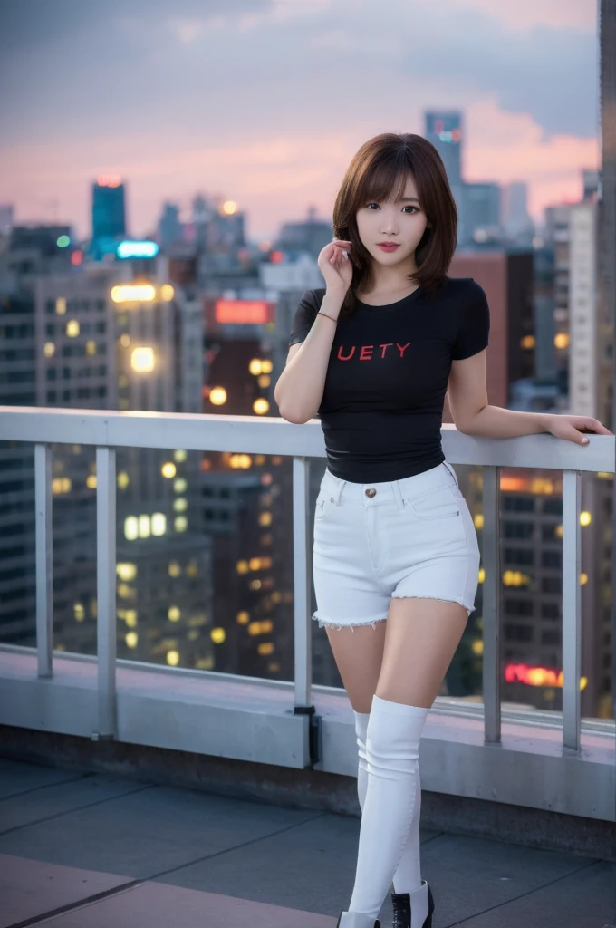 ((Midnight, highest quality, 8k, masterpiece :1.3)), whole body, Long legs, Sharp focus :1.2, Beautiful woman with perfect figure :1.4, Slim Abs :1.1, ((Dark brown hair, small Breasts :1.2)), (White tight T-shirt, shorts Jeans, Are standing:1.2), ((Night city view, rooftop:1.3)), Highly detailed face and skin texture, Fine grain, Double eyelids one girl,highest quality,masterpiece,figure,Very delicate and beautiful,CG,Unity,8k wallpaper,wonderful,In detail,masterpiece,Official Art,Very detailed CG Unity 8k wallpaper,Incredibly absurd,Large file size,Very detailedな,High resolution,Very detailed,Beautiful detailed girl,Realistic,from the front,Outdoor, Knee-high socks, bangs, Black boots