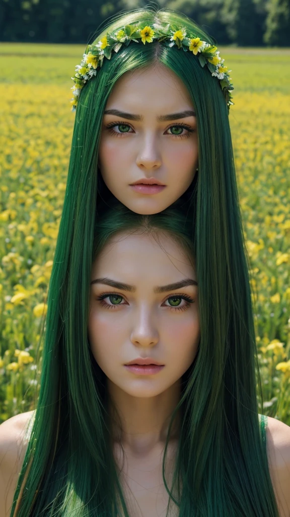 a girl. face sent feeling. Europe. Oval face. long face. delicate facial features. close eyes. seductively seductive. long straight hair. green hair. wreath on head. angry expression. straight face. in the flower field