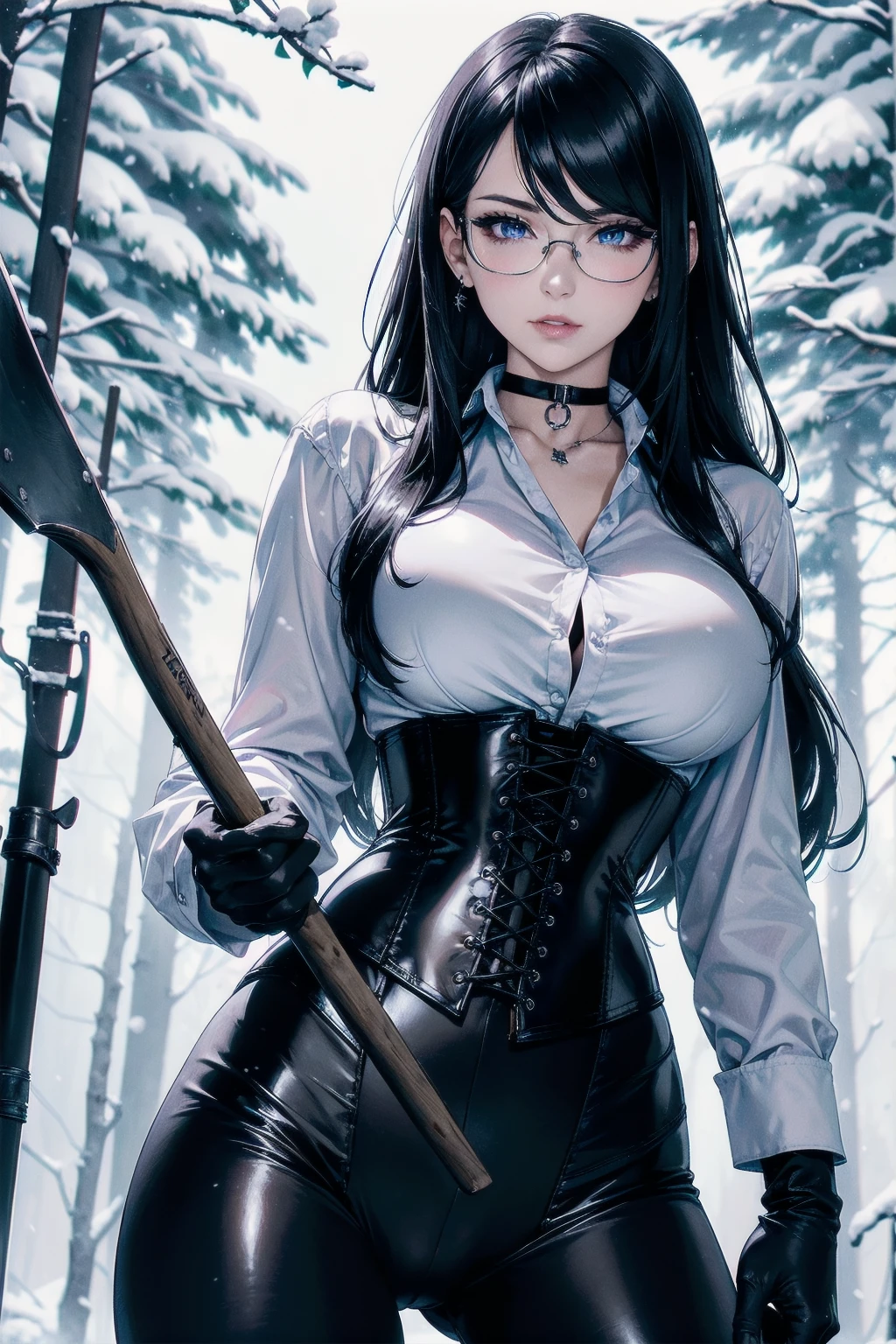 masterpiece, Superior image quality, high resolution, 4k image,photo and gross, photorealistic, 1 girl, {Alone},{{{vagina}}}, beautiful face, long black hair, blue eyes, very detailed eyes, pink cheeks, shy expression, glasses, choker:1.6, (long sleeve white collar buttoned shirt), black gloves, gloves covering hands, (holding an ax in the right hand), (black leather corset), (shiny black leggings), sensual lips , evening de invierno, show details in the eyes, view from front, looking at the viewer, snowy trail, Snowy forest, evening, Atmosphere, snow