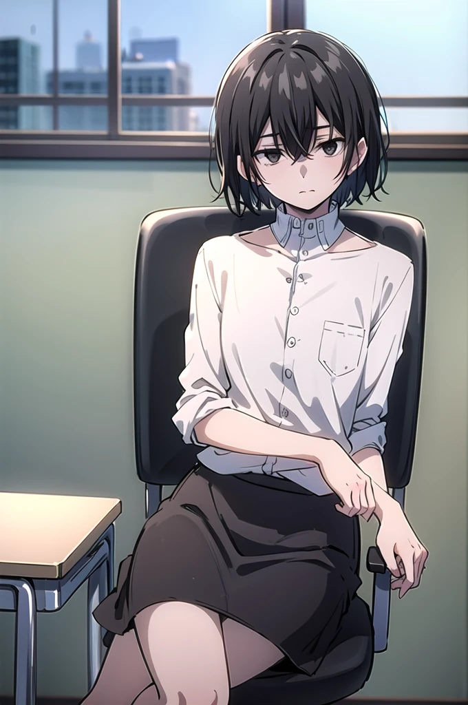 ((best quality)), ((masterpiece)), (detailed), boy, , bored look, blank look, disinterested look, resting on chin, folded chair, empty classroom, black hair, black eyes, sketch, alone, windows seat.