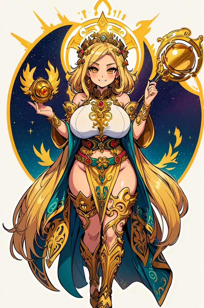 (masterpiece, best quality, high resolution, 1 girl (chibi)1 beautiful woman (big breasts) with a divine appearance, full body golden fantasy druid goddess clothes, jewelry and accessories, calm smile, golden colored druid goddess setro, ( white background, sticker), ((full body)),

