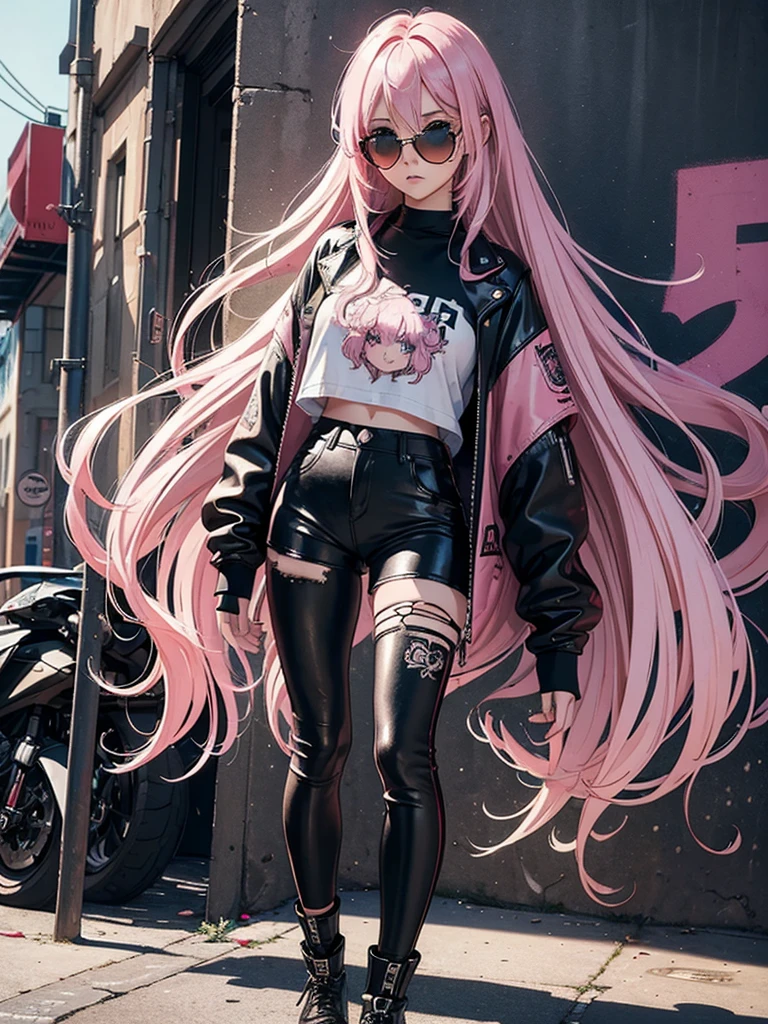 (masterpiece), (best quality), (Extremely detailed),(Messy hair),(illustration), (1 Girl),Pink Hair ,Straight Hair,(sunglasses),(Eyes exposed),Black leather pants,shorts,Street art,spray coating,fashion model, Looking at the audience, (full-body shot),Beautiful and delicate eyes, Delicate and beautiful face,