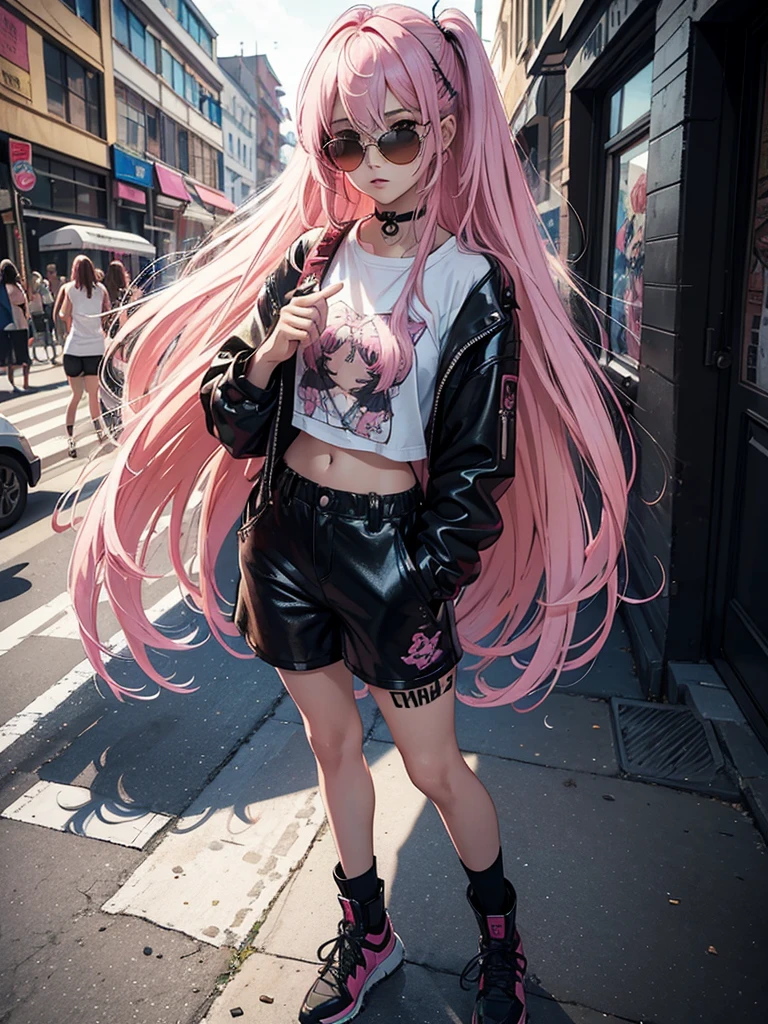 (masterpiece), (best quality), (Extremely detailed),(Messy hair),(illustration), (1 Girl),Pink Hair ,Straight Hair,(sunglasses),(Eyes exposed),Black leather pants,shorts,Street art,spray coating,fashion model, Looking at the audience, (full-body shot),Beautiful and delicate eyes, Delicate and beautiful face,
