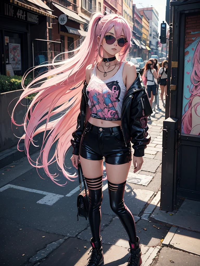 (masterpiece), (best quality), (Extremely detailed),(Messy hair),(illustration), (1 Girl),Pink Hair ,Straight Hair,(sunglasses),(Eyes exposed),Black leather pants,shorts,Street art,spray coating,fashion model, Looking at the audience, (full-body shot),Beautiful and delicate eyes, Delicate and beautiful face,