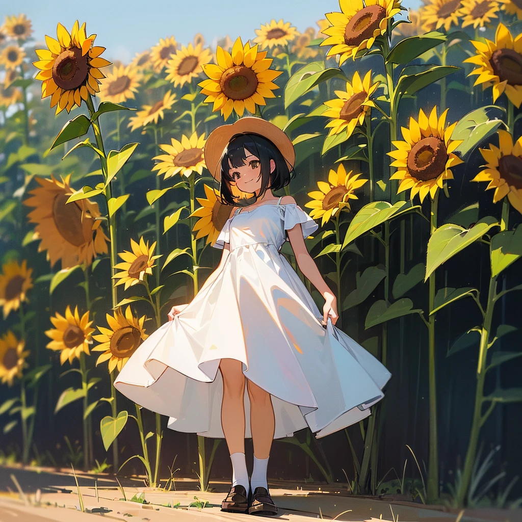 (high quality, High resolution, Very detailed, reality:1.37), Peaceful atmosphere, (Sunflower field), Teenage girl standing alone, (my breasts are big.), Beautiful details, Cute Smile, (Black bob hair), White camisole dress, White socks, loafers.