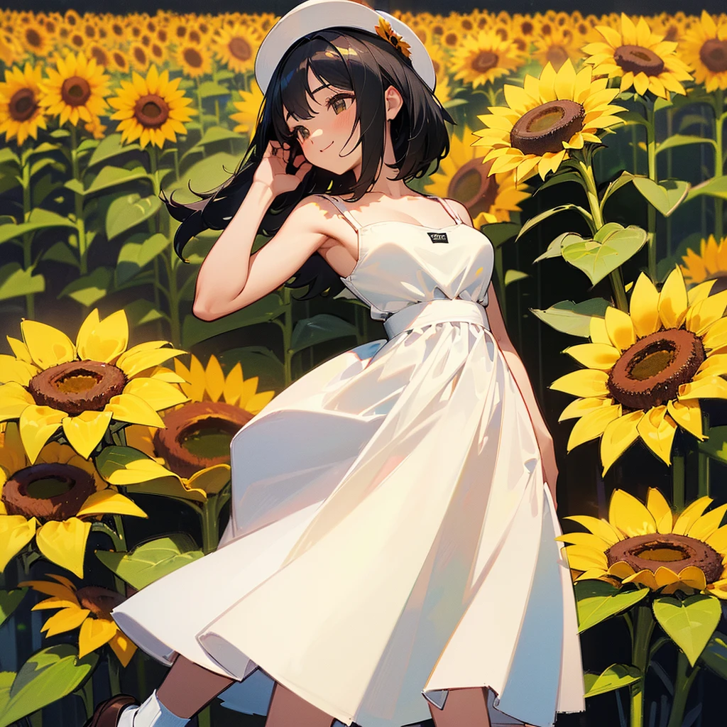 (high quality, High resolution, Very detailed, reality:1.37), Peaceful atmosphere, (Sunflower field), age girl standing alone, (my breasts are big.), Beautiful details, Cute Smile, (Black bob hair), White camisole dress, White socks, loafers.