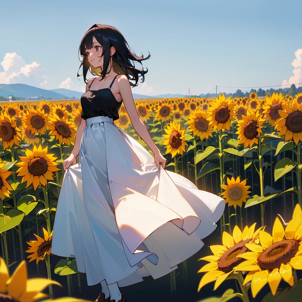 (high quality, High resolution, Very detailed, reality:1.37), Peaceful atmosphere, (Sunflower field), Teenage girl standing alone, (my breasts are big.), Beautiful details, Cute Smile, (Black bob hair), White camisole dress, White socks, loafers.