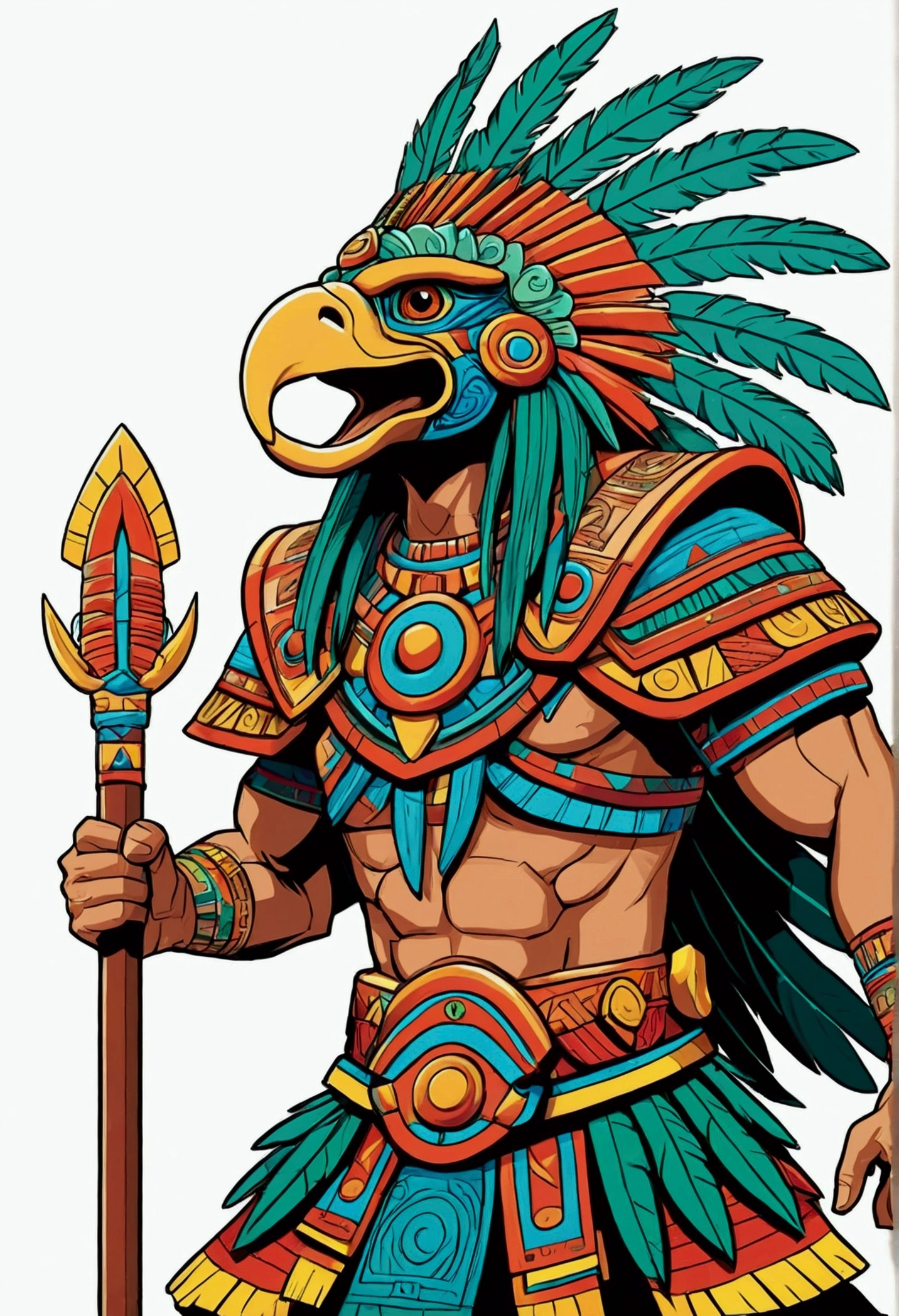 Medium shot, cel shading style, centered image, ultra detailed illustration of aztec warrior quetzalcoatl (tetradic colors), anime character, action packed, ink lines, strong contours, bold strokes, perfect features, perfect proportions, no frame, high contrast, (cell shading) :1.1), vector, 32k resolution, best quality, flat lights
