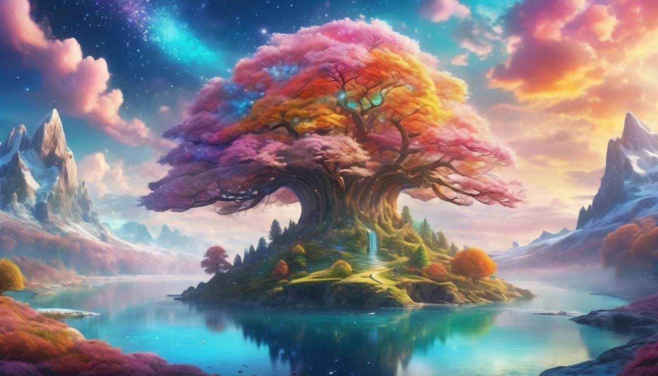vibrant colors, Dreamy Cloud and Fairy Island,winter landscape,Snow country shines brightly,Surreal wonderland,Overlapping clouds,Colorful snowflakes are flying,The tree of life blooms with endless vitality,Twinkling stars in the night sky,Whimsical fantasy landscape art, Beautiful Art Ultra HD 4K, 4k highly detailed digital art, beautiful detailed fantasy, epic dreamlike fantasy landscape, Mysterious fantasy landscape, The magic fantasy is very detailed, magical scenery, Made of trees and fantasy valley, detailed fantasy digital art, 4k detailed digital art