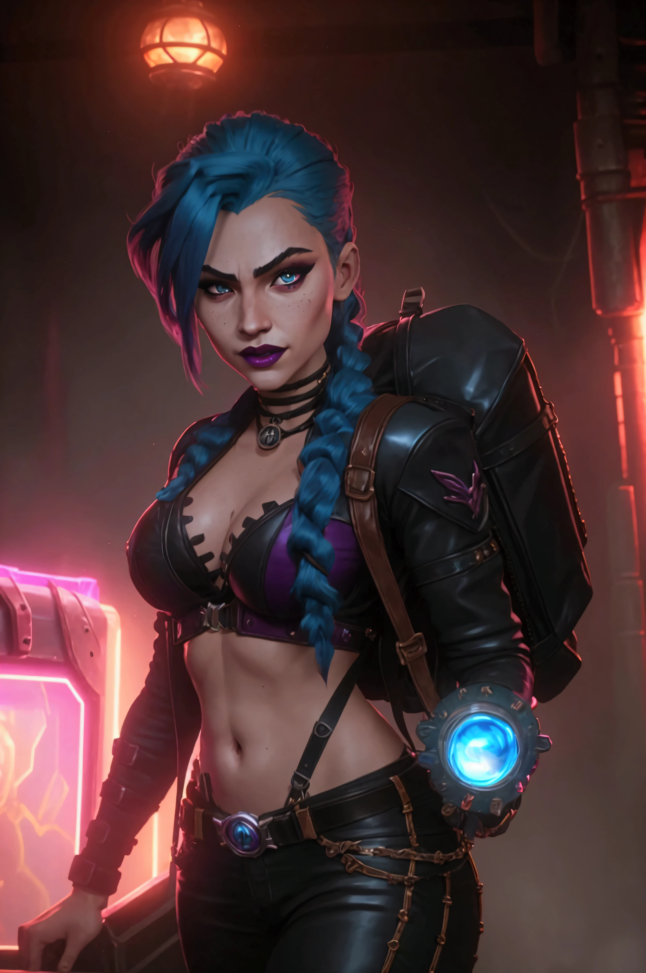 cinematic still image, Jinx League of Legends, dynamic pose, detailed face, bright blue hair, smirking expression, red lips, light blue contact lenses, heavy eye shadow, thick eyeliner, prominent blush, black leather suit, braided belts, metal accents, rivets, armoured plates, shotgun, detailed wooden warehouse, metal decorations, black backpack, red cord, chaotic background neon pink-purple tones, action shot, bright lighting