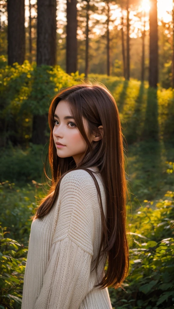 Beautiful and mysterious woman with brown hair, Watching the sunset in a beautiful forest