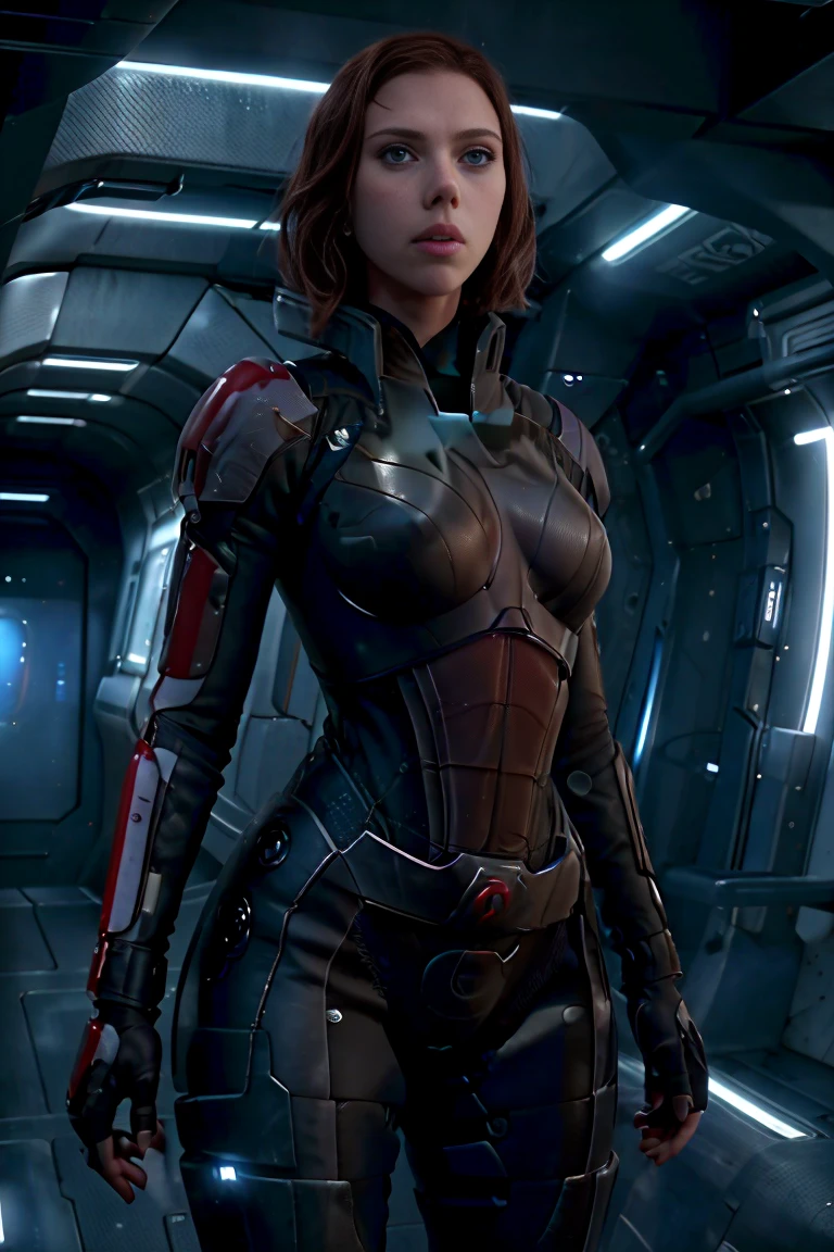 ((best quality)), ((masterpiece)), ((Scarlett Johansson)) (detailed), perfect face, playful 20 year old woman, Sensual pose. Inside a spaceship, wearing highly detailed futuristic skimpy mass effect armor, grandes senos, cintura pequeña, grandes caderas, desnuda.
