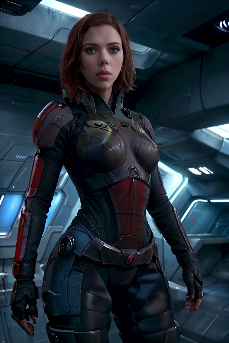 ((best quality)), ((masterpiece)), ((Scarlett Johansson)) (detailed), perfect face, playful 20 year old woman, Sensual pose. Inside a spaceship, wearing highly detailed futuristic skimpy mass effect armor, grandes senos, cintura pequeña, grandes caderas, desnuda.
