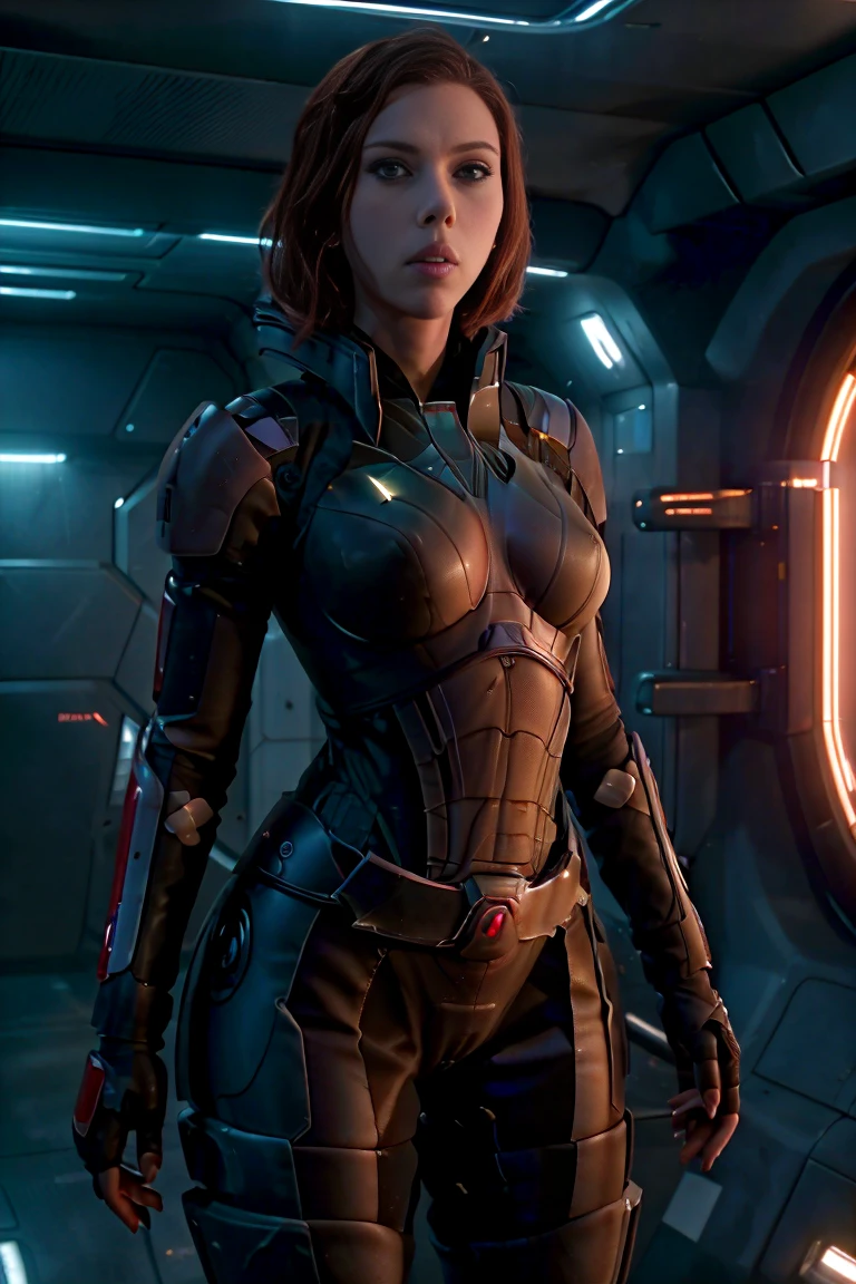 ((best quality)), ((masterpiece)), ((Scarlett Johansson)) (detailed), perfect face, playful 20 year old woman, Sensual pose. Inside a spaceship, wearing highly detailed futuristic skimpy mass effect armor, grandes senos, cintura pequeña, grandes caderas, desnuda.
