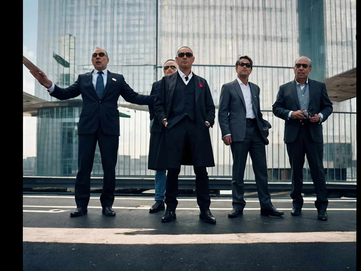 Wide Shot, Realistic movie style of four gangster mafia