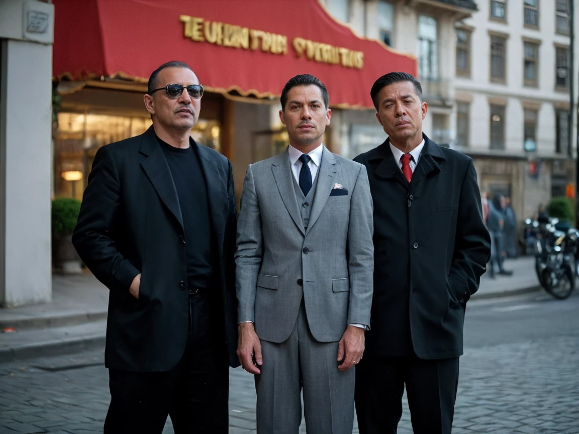 Wide Shot, Realistic movie style of four gangster mafia