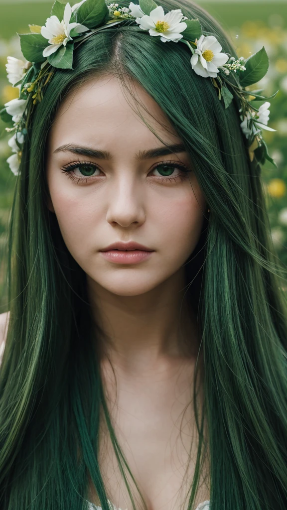 a girl.  Europe.  Oval face.  delicate facial features.  long face.  sad eyes.  charming.  long straight hair.  messy hair.  green hair.  green eyes.  wreath on head.  sulked.  shy.  straight face.  in the forest