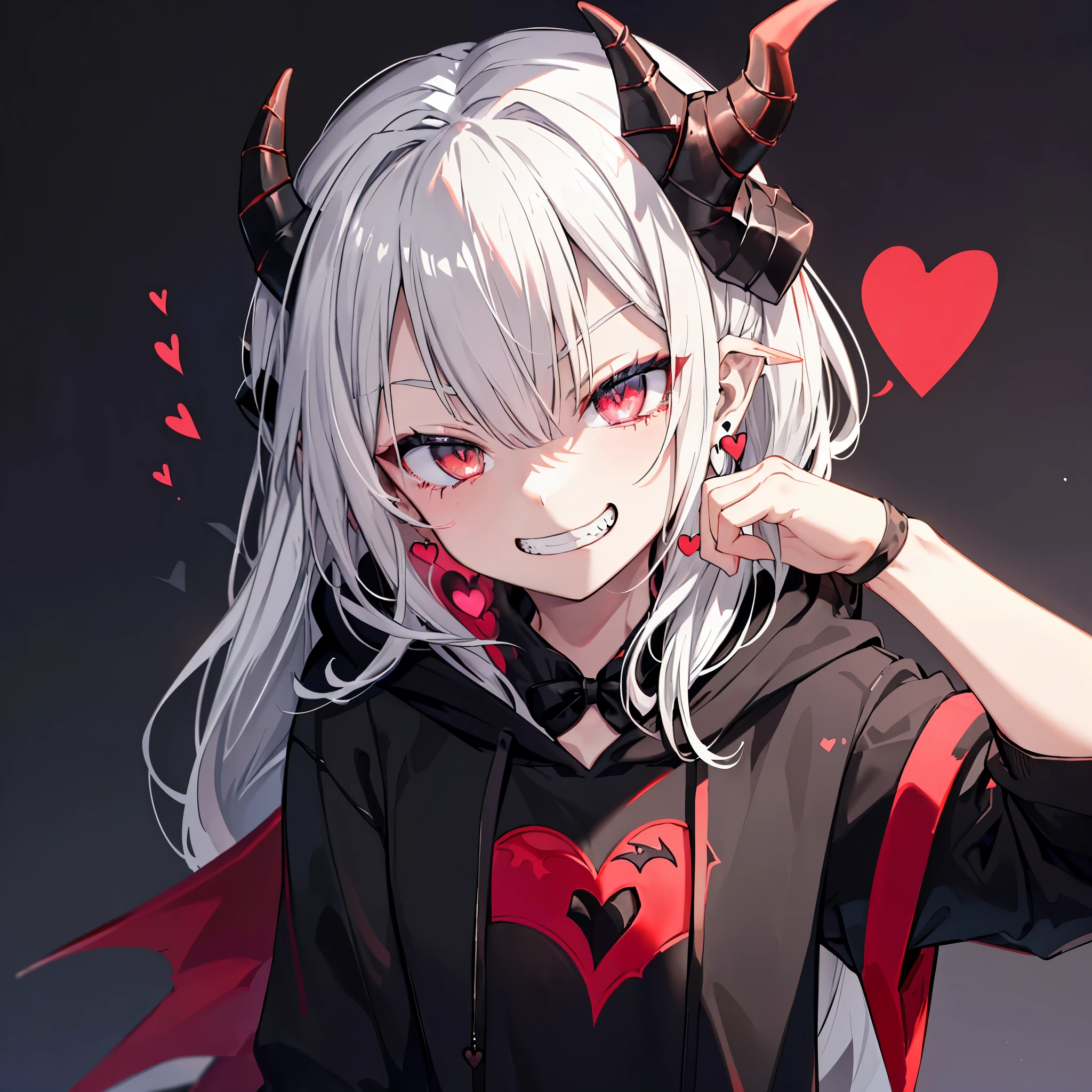 ((((Jagged　Open your mouth　Grin　Heart Background))))　(((Black hoodie　Wearing a hood　Demon Horns　Crimson Eyes　Close-up)))　((Shiny earrings　Small black ribbon))　Shining Edge　Shining Background