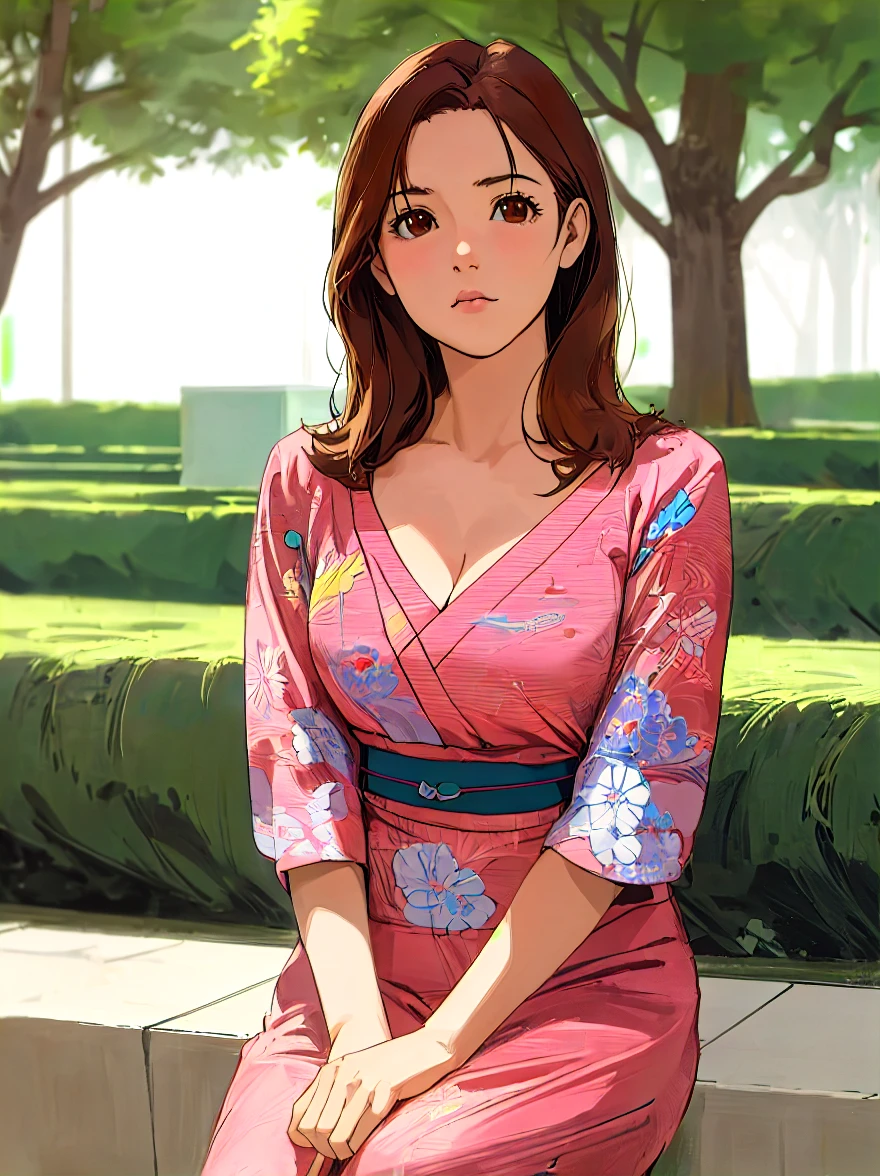 A beautiful young asian woman with long dark hair wearing a patterned polkadot dress, smiling at the camera, greenery is background 